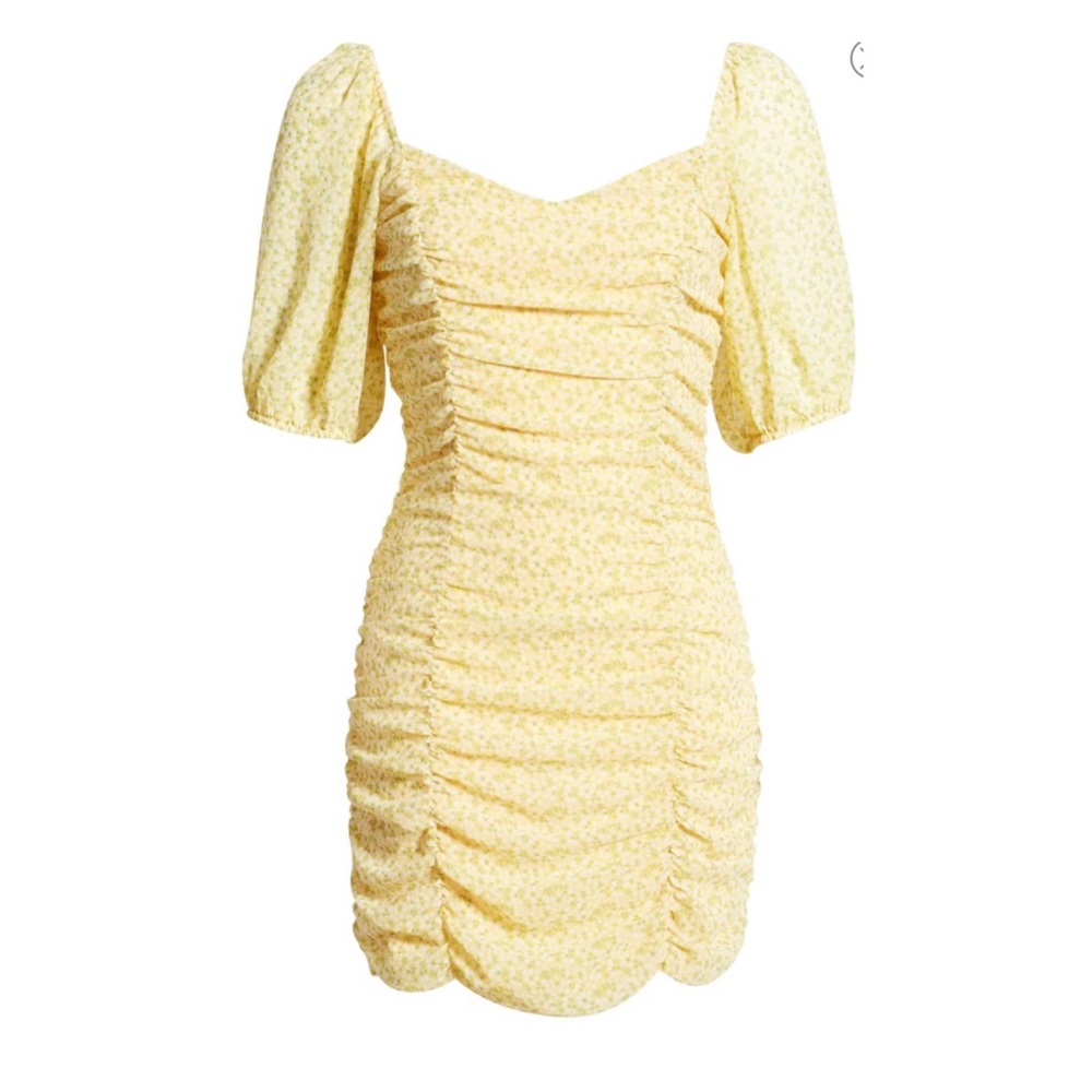 Yellow Floral Ruched Dress